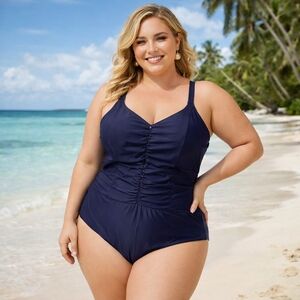 NWT SEA Plus Size Navy One-Piece Swimsuit Ruched Front Tummy Control Swimwear